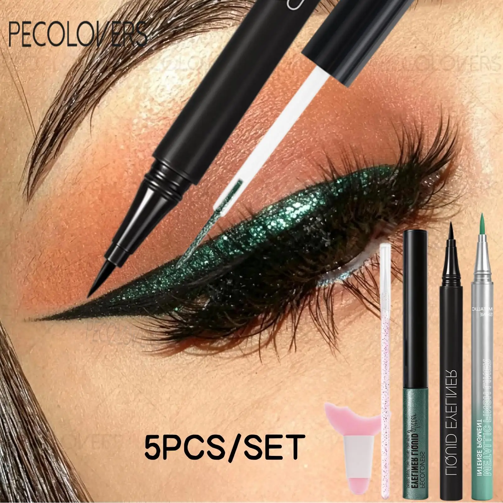 5PCS/SET Shimmery Green Liquid Eyeliner - Glitter Eyeshadow, Extra Fine Tip, Suitable for Everyday and Party Looks