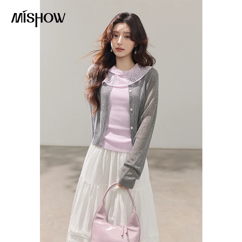 

MISHOW Women's Two Piece Set Lace Collar Knit Vest Hollow Cardigan 2026 Spring Casual Solid Knit Outfit Office Lady MXF14T1530