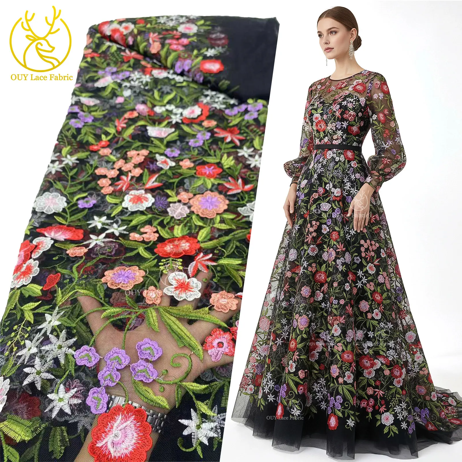 

Latest African Floral Embroidered Lace Fabric with Sequins 2026 High-Quality Elegant French Black Lace Women's Dress Sewing