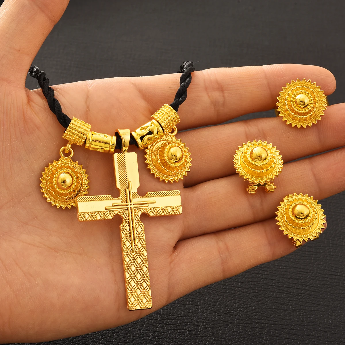 Dubai Gold Color Classic jewellery Earrings/Ring/Cross Pendant Ethiopian Jewelry Set Africa Bride Wedding Party Gifts Holiday