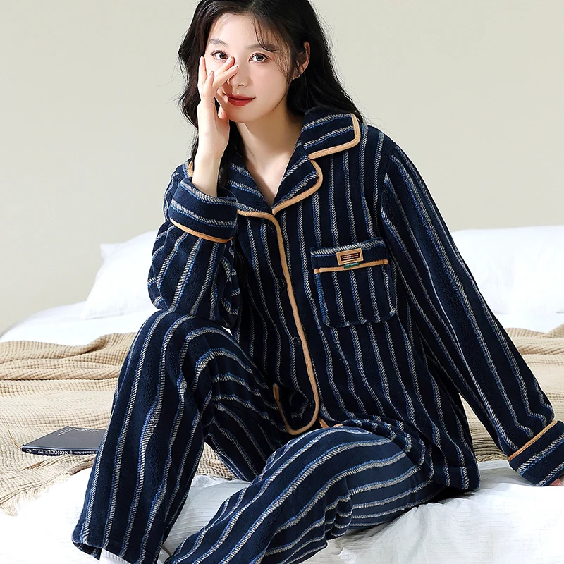 Luxury Winter Warm Thicken Flannel Pajama for Women Cardigan Button Sleepwear for Woman Comfort Soft Velvet Pyjama Pants 2 Piece