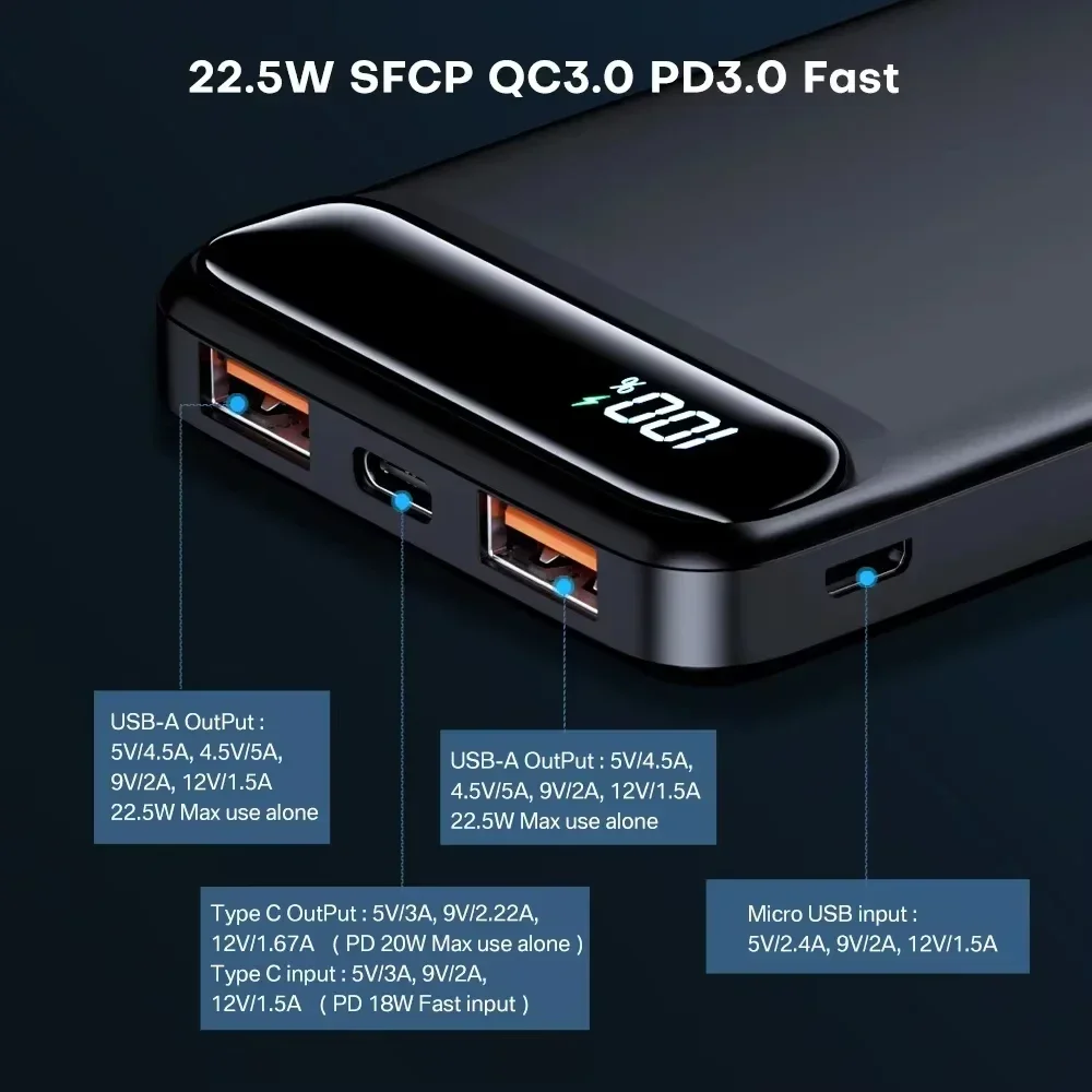 10000mAh Power Bank 22.5W Portable Charger Auxiliary Battery Pover Bank Super Fast Charging Powerbank for iPhone Samsung Xiaomi
