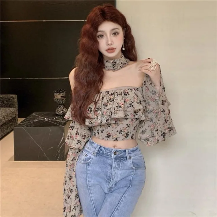 Korejepo French Ruffle Edge Floral Shirt Women 2024 New Spring One Word Shoulder Chiffon Shirts Long Sleeved Short Top Blouse