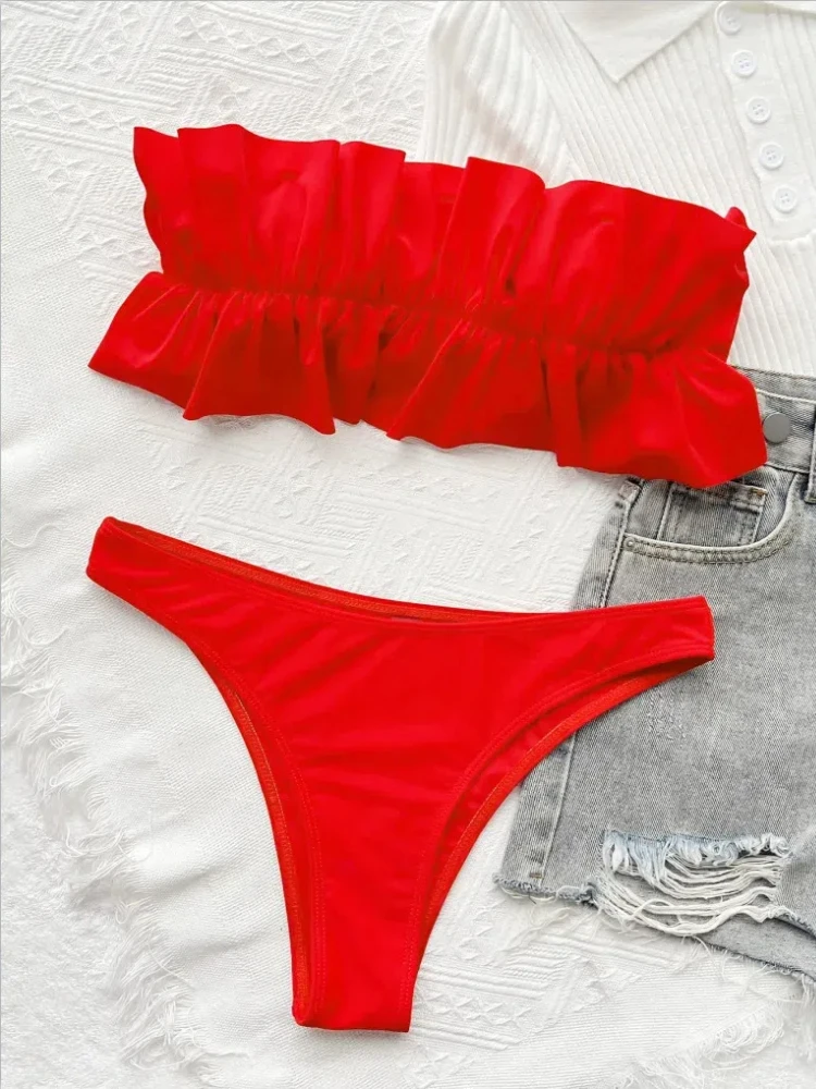 Red Micro Bikini 2024 Women Sexy Thong Two Piece Swimsuit Bandeau Ruffle Swimwear Female Bathing Suit Swim Summer Beachwear Blue