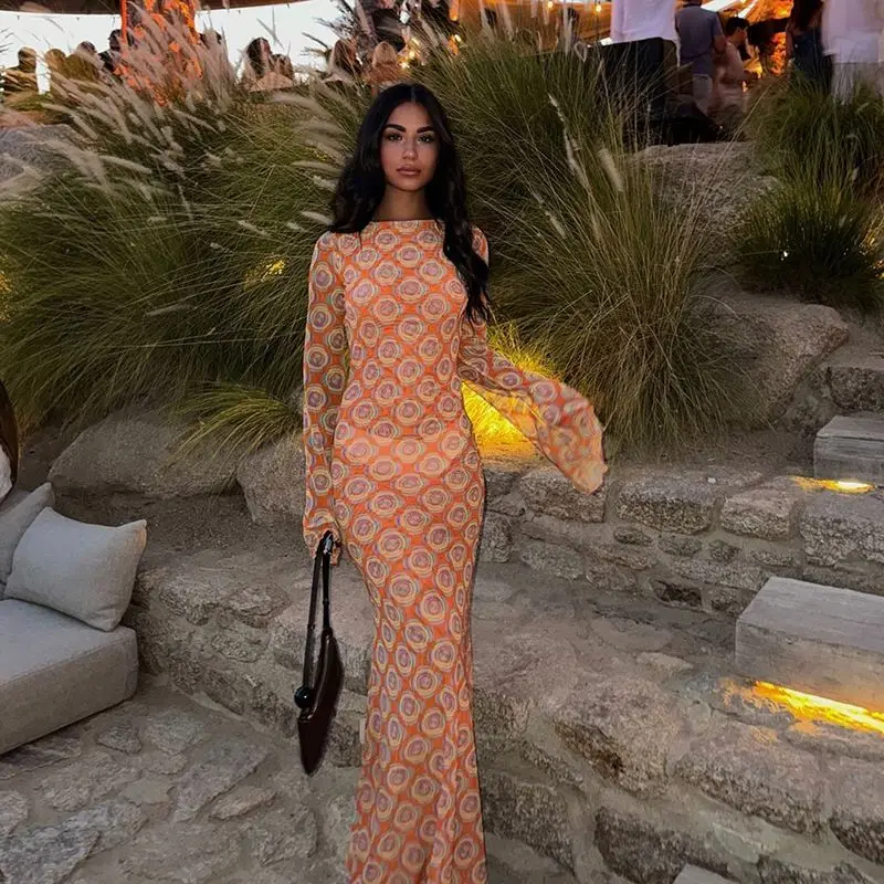 WHATIWEAR-Robe amincissante à manches longues pour femme, trompent bareback, imprimé disque de campagne rétro, minimaliste mince, épissé