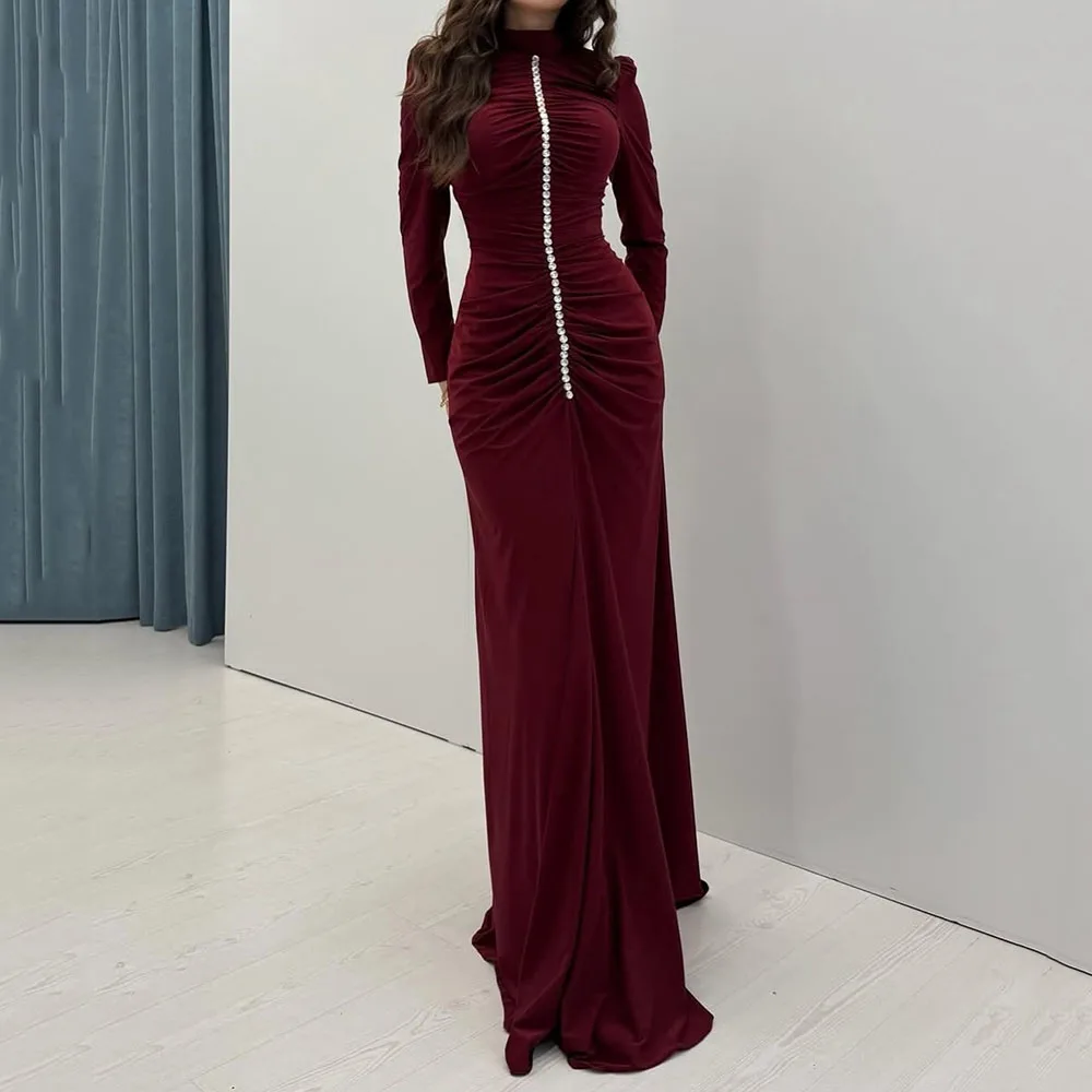 

Customized Straight Prom Dresses Floor-Length High-Neck Full Sleeve Evening Gown Fashion Crystal Simple Draped Party Gown