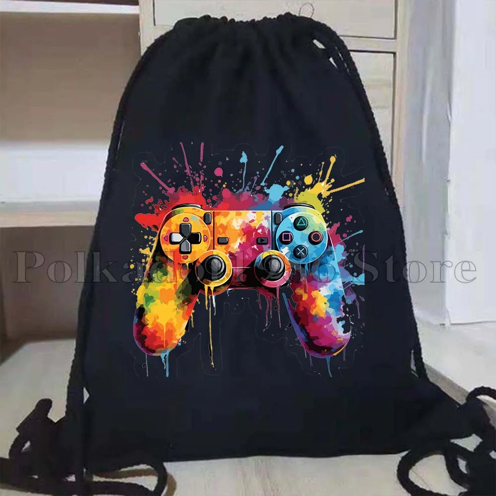 Colorful Video Game Controllers Gamer Girl Cute Axolotl Dinosaur Gamer Drawstring Bags Soccer Backpack Sackpack Gifts String Bag