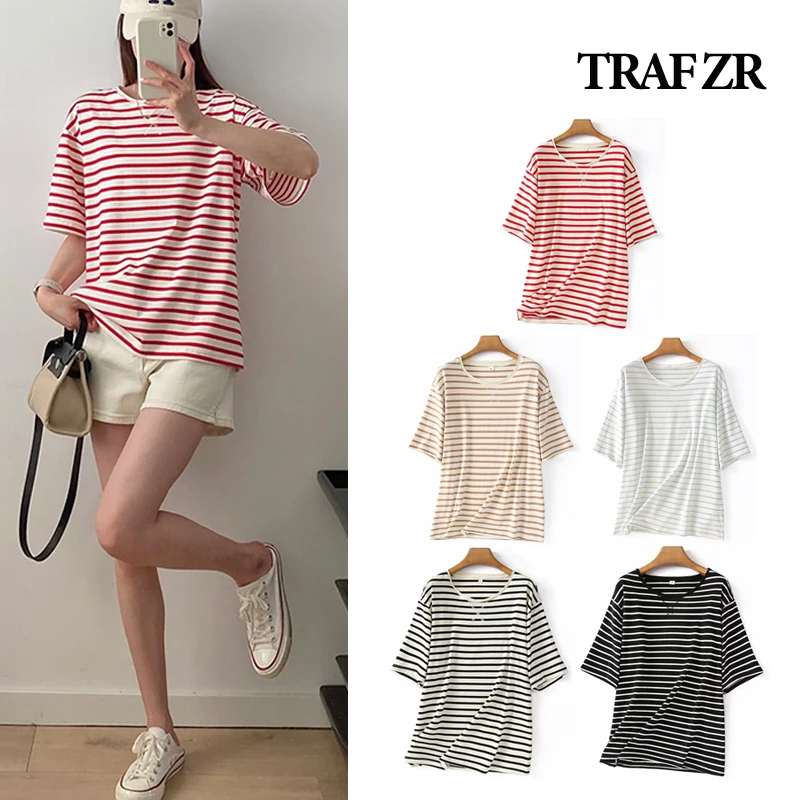 

TRAF ZR Short Sleeve Tee Women Shirts Woman Striped Tees T-shirts for Women Aesthetic Women's Tos COTTON Y2k Top