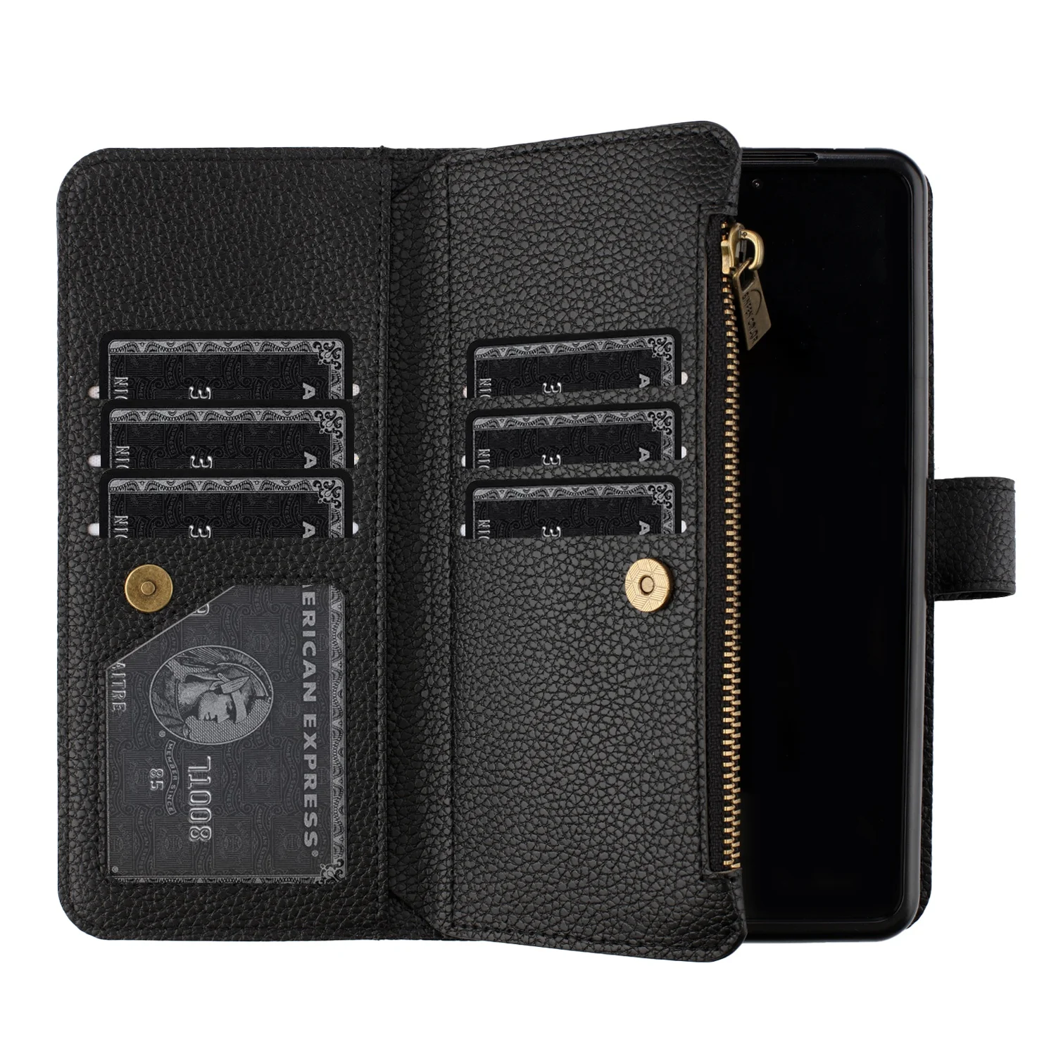 For Samsung Galaxy Z Fold 6 5 4 3 Case Wallet Magnetic Lychee Grain Leather Zipper Flip Card Slot Pocket Shockproof Hard Cover