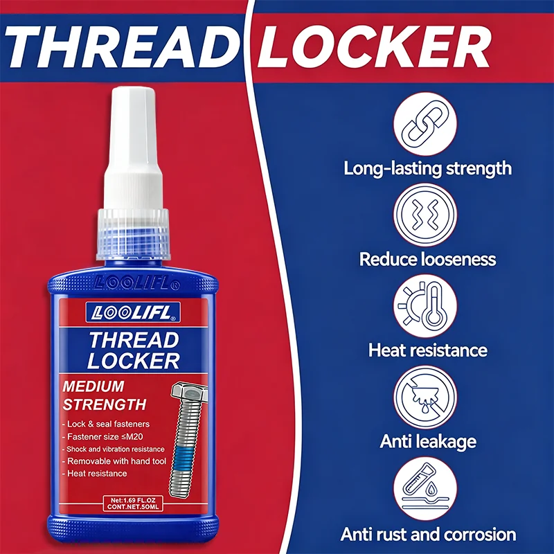 Loolifl Medium-Strength Thread Locker 50ml Blue, Screw Locking Sealant, Anti-Vibration and Anti-Rust Thread Locking Adhesive, Suitable for Metal Bolt and Nut Fastener Repair, Can Be Removed with Manual Tools, High Temp