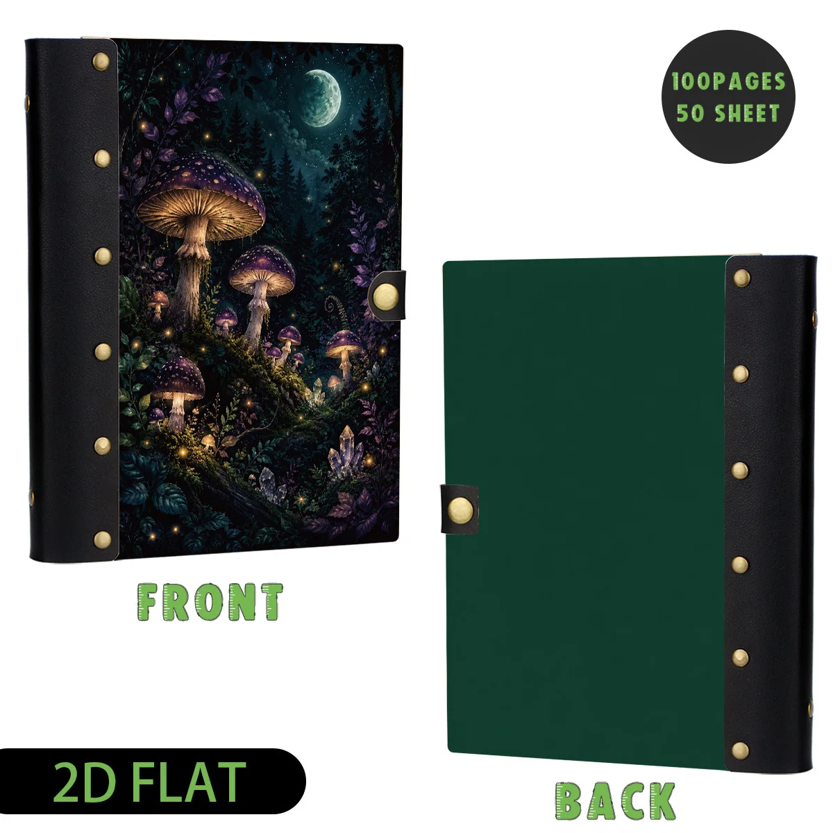 1pc Enchanted Forest Mushroom Wood Leather Binder Notebook, 2D Flat Hard Shell, Metal Rivets, Refillable Loose Leaf, Premium Eye