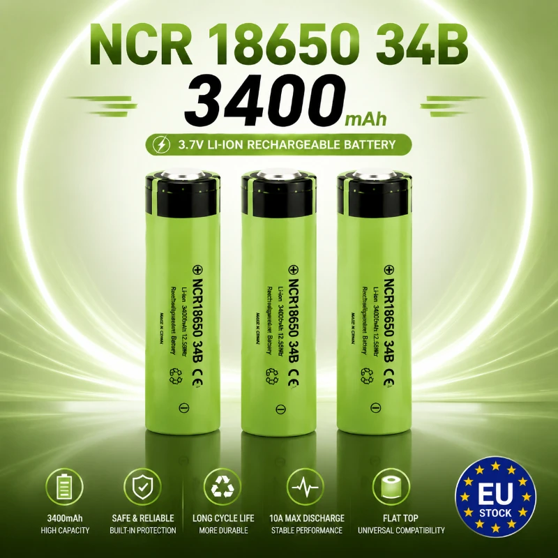 Batteria al litio NCR18650 34B 18650 3,7V 3400mAh 10A ricaricabile, con connettore piatto, alta capacità e lunga autonomia per torce LED, dispositivi portatili, batteria di ricambio, spedizione rapida
