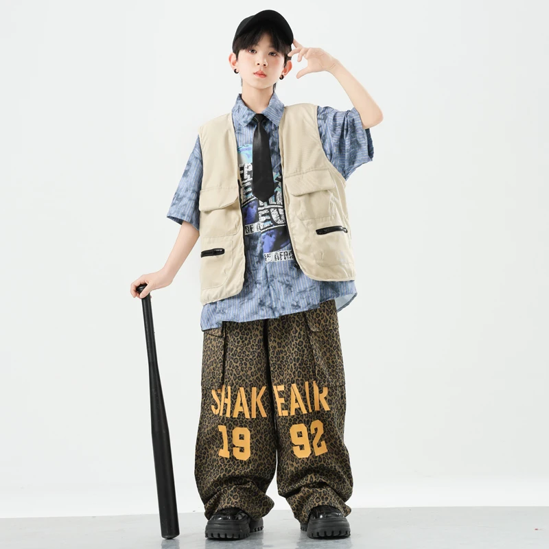 男の子ヒップホップ服ベストカーゴパンツ女の子 K-pop ストリートダンス衣装チョッキ子供服セット子供ショークールな衣装
