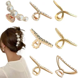 Pinzas para el pelo con perlas grandes para mujer, pinzas geométricas de Metal dorado, pasador Simple para niña, horquillas para la cabeza, accesorios para el cabello de fiesta