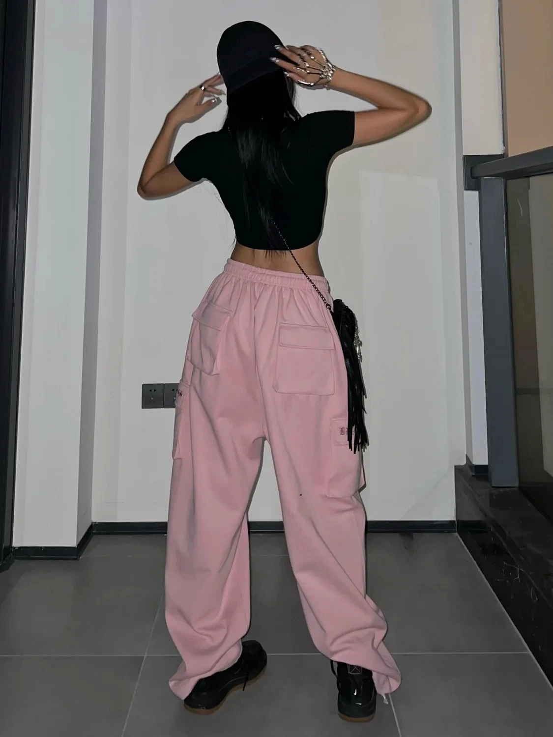 QWEEK Y2K Pink Cargo Pants Women Kpop Style Streetwear Wide Leg Sweatpants Oversized Korean Fashion Hip Hop Jogger Trousers