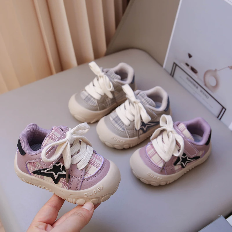 Toddler Plaid Star Embroidery Sneakers, Dual Hook and Loop Strap First Walking Shoes, Soft Non Slip Rubber Sole Casual Trainers