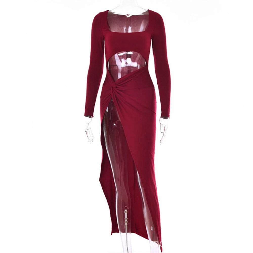 Maternity Photo Shoot Square Neck Hollow Cutout Women\'s Sexy Spice Girl Waistless Pregnant Woman Collar Solid High Slit Dress