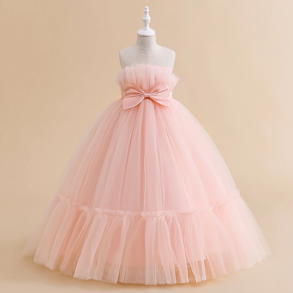 Fluffy White Girls Bridemaid Dress Christmas Bow Tulle Wedding Princess Kids Party Dresses for Girl Pageant First Communion Gown