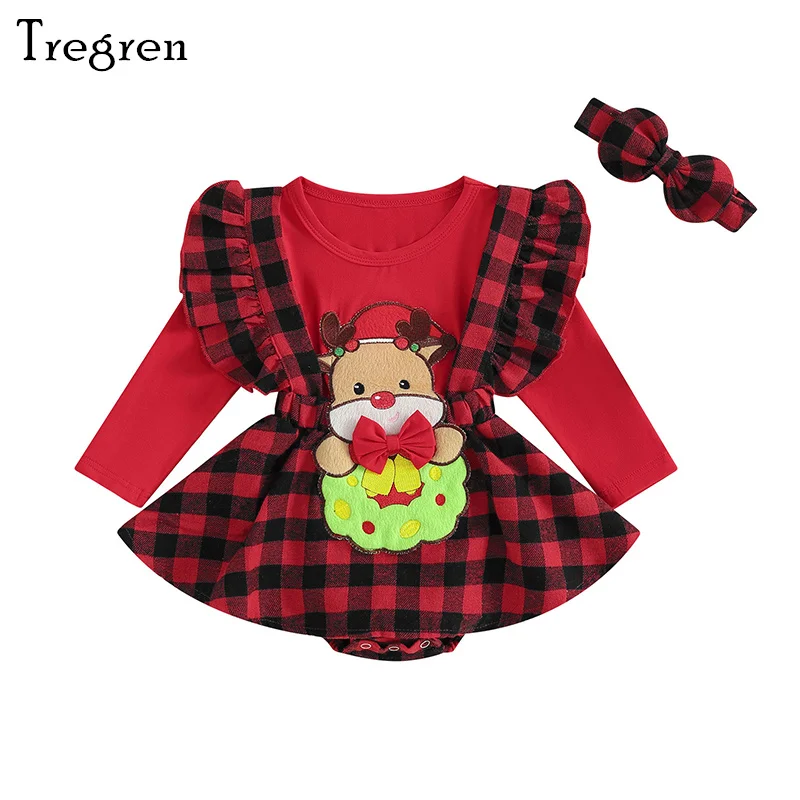 

Tregren 0-18M Newborn Baby Girls Christmas Clothes Plaid Print Xmas Deer Romper Dress Cute Headband 2pcs Sets Fall Infant Outfit