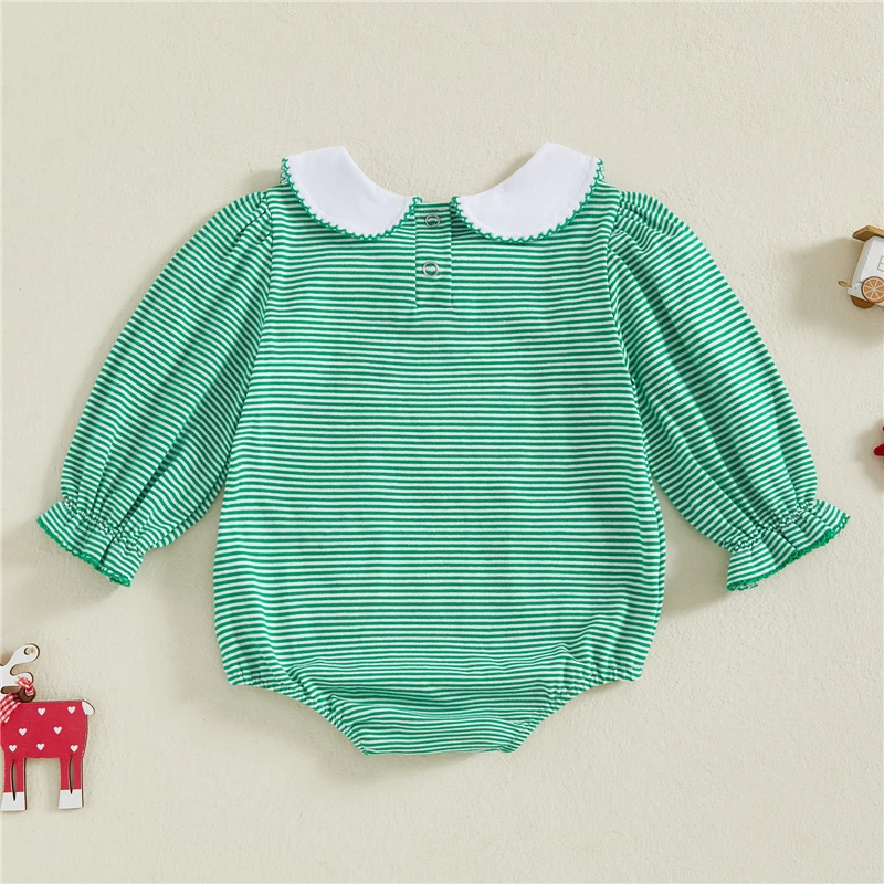 Toddler Newborn Baby Girls Christmas Romper Long Sleeve Doll Collar Stripes Embroidery Santa Claus Bodysuit Clothes