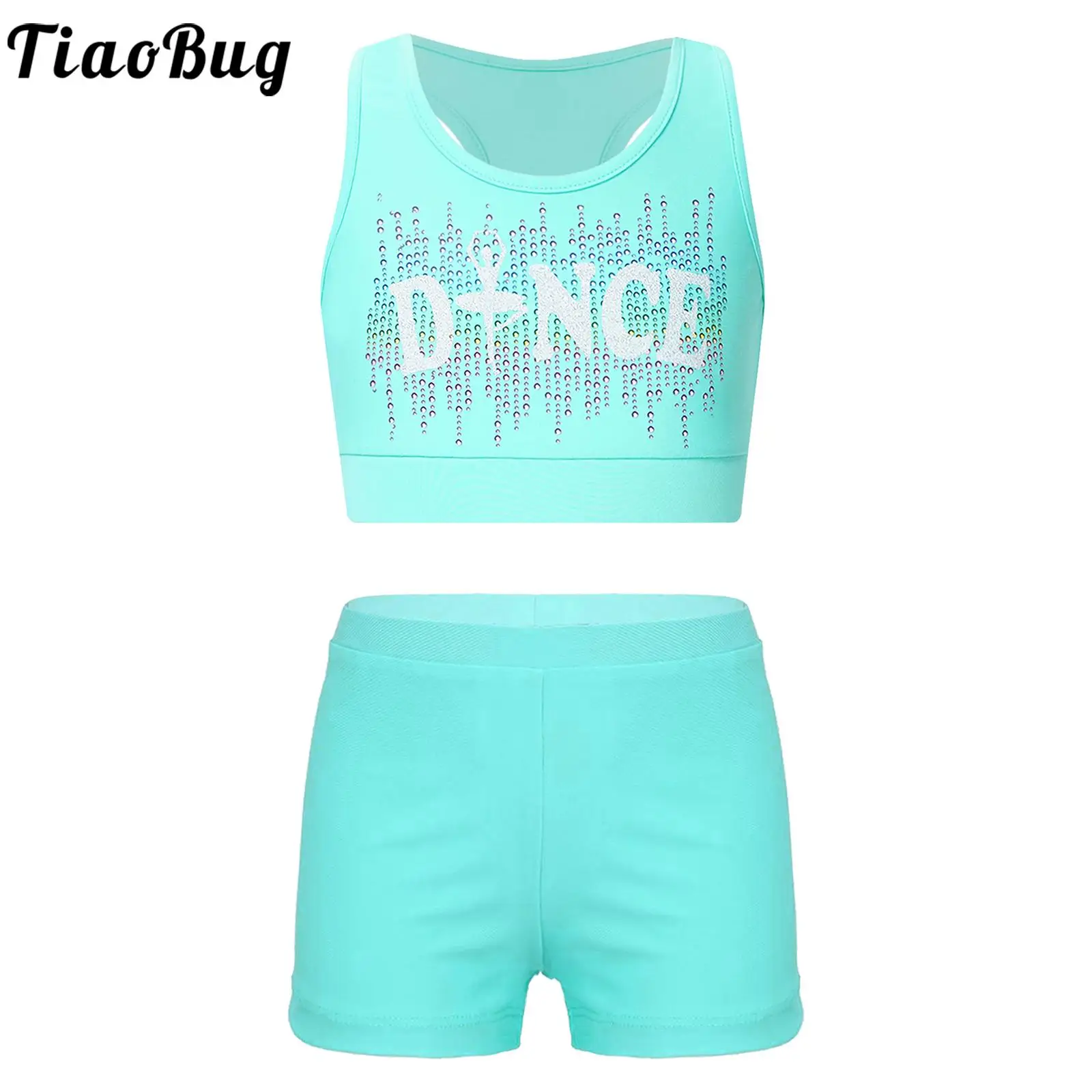 

Kids Girls Sports Suit Sleeveless Printed Racerback Crop Top with Shorts Dance Gymnastics Workout Dancewear Sportswear Swimwear