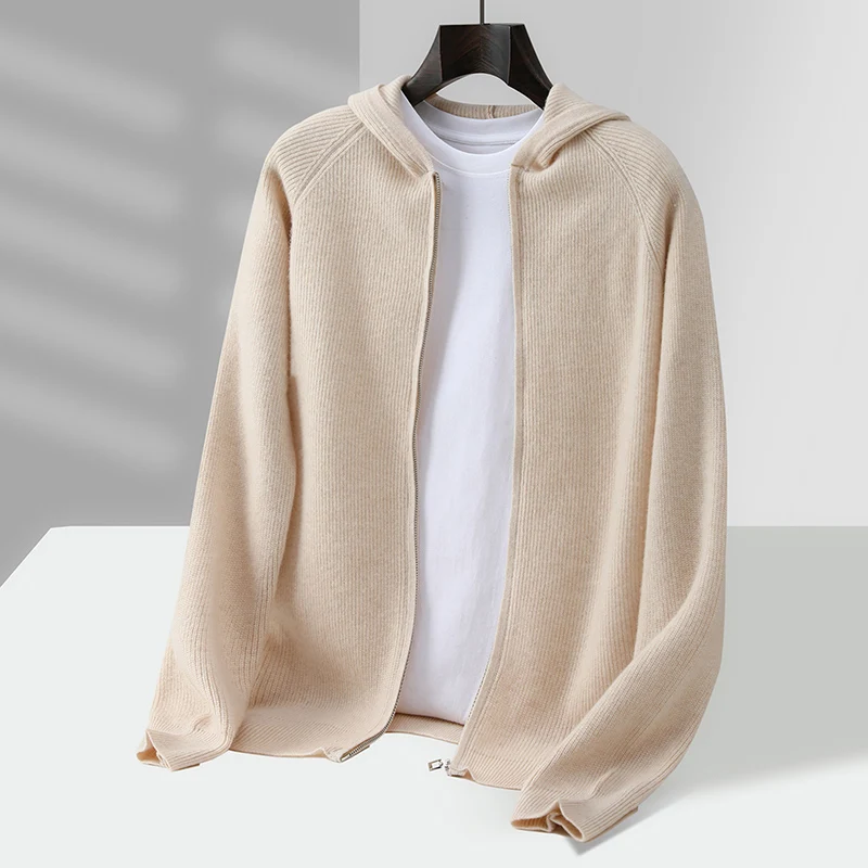 2025 الخريف الشتاء 100% الصوف الخالص سترة الرجال مقنعين النمط الغربي محبوك هوديي سترة فضفاضة جديد الكشمير البلوز سترة #2