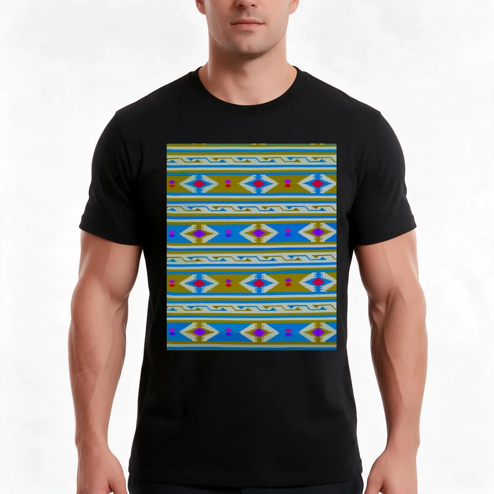 Blue olive chevron textile boho chic decor bold decor T-Shirt, Summer Casual Cotton Tee, Oversized Streetwear Tops, 100% Cotton
