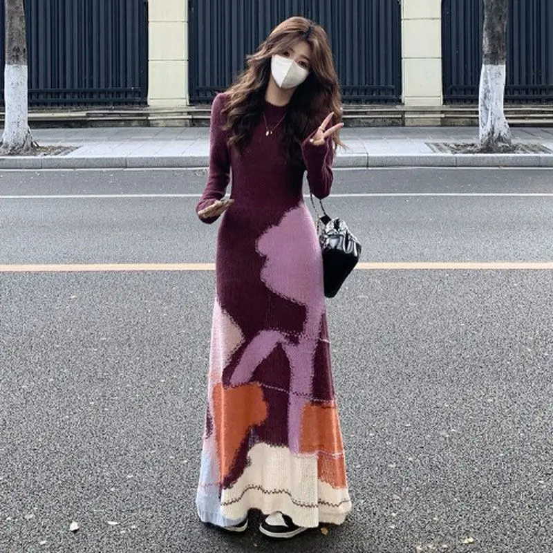 الملابس النسائية الراقية تحسس الموضة ورقيقة نمط الألوان المتناقضة لينة شمعي الموهير محبوك فستان سترة فستان طويل #5