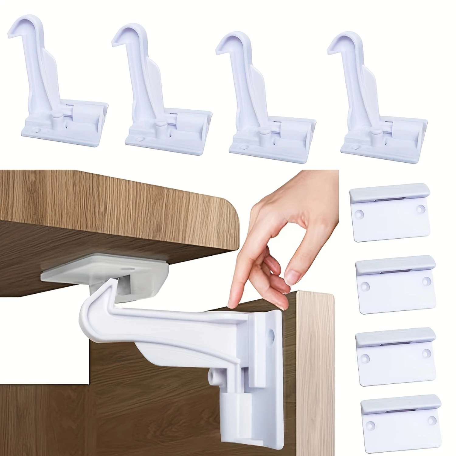 

4-Piece Cabinet Locks - Hidden from View, Child Safety Proofing with Strong Adhesive Backing - Easy, Tool-Free Installation, No