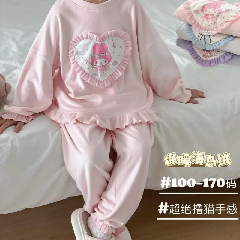 

Sanrio Kuromi Cinnamoroll Family Pajamas Set Plush Warm Fleece Girls Teens Homewear Autumn Winter New Heart Princess Style