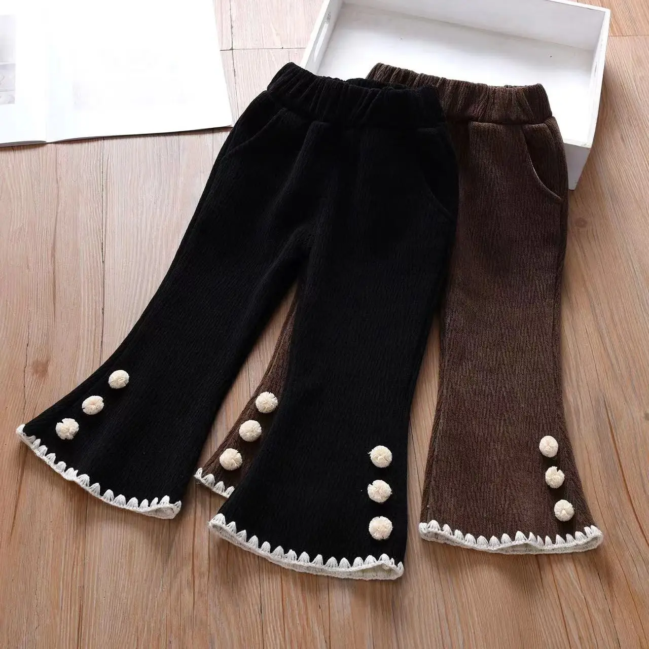 Girls Plus Fleece Horn Pants Autumn And Winter New Model For Girls Baby Style Slim Casual Corduroy Outside To Wear Long Pants