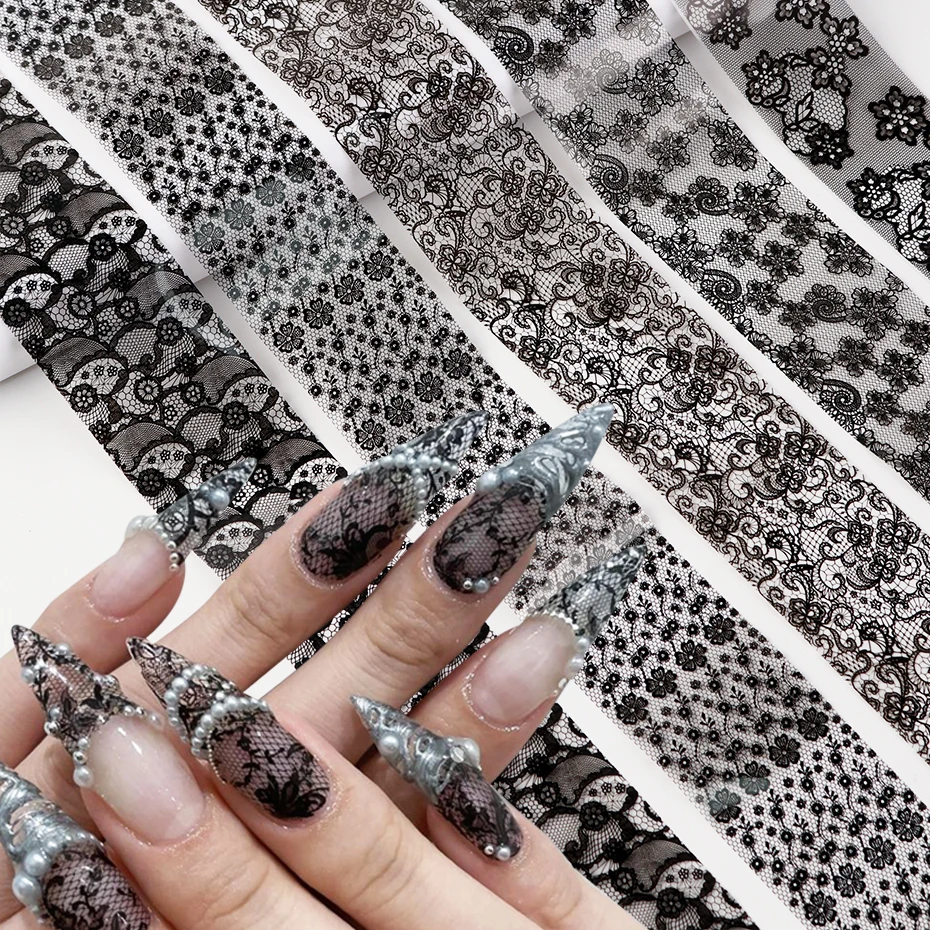 10 Rollen Schwarz-Weiß Spitzen-Nagelfolien-Transferaufkleber Elegante Schwarz-Weiße Spitzen-Fantasie Blumenmuster Sternenhimmel Papier-Nageldekoration – Detail 2