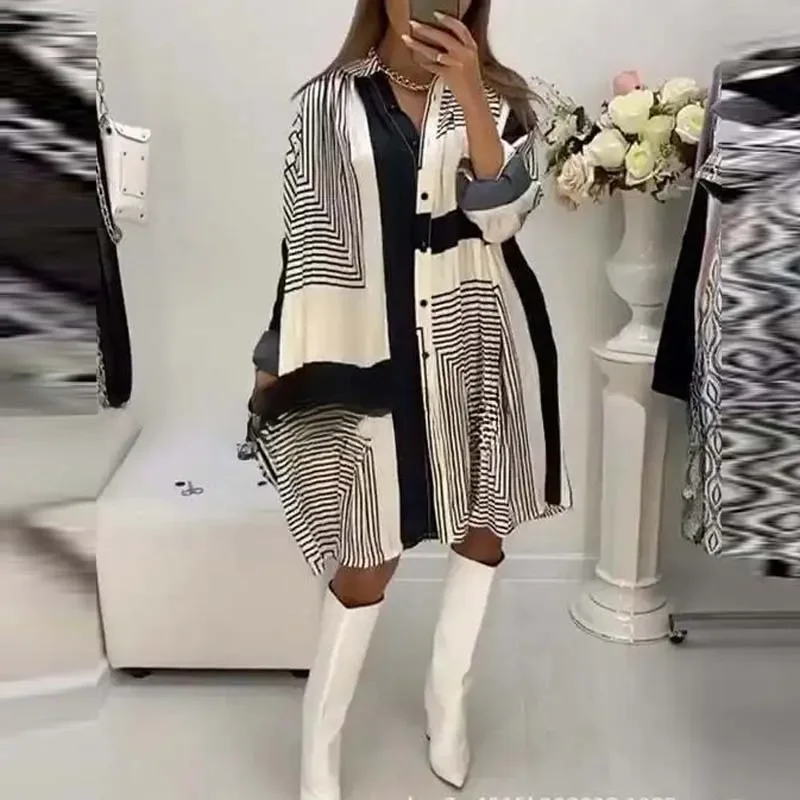 Summer Fashion Printed Loose A-Line Dress Women Elegant Single Breasted Lapel Shirt Dress New Spring Long Sleeve Boho Mini Dress