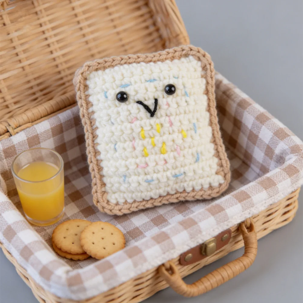 Whimsical Toast Cartoon Figurine Crafted from Knitted Yarn for Decorative Placement in Residential or Office Environments