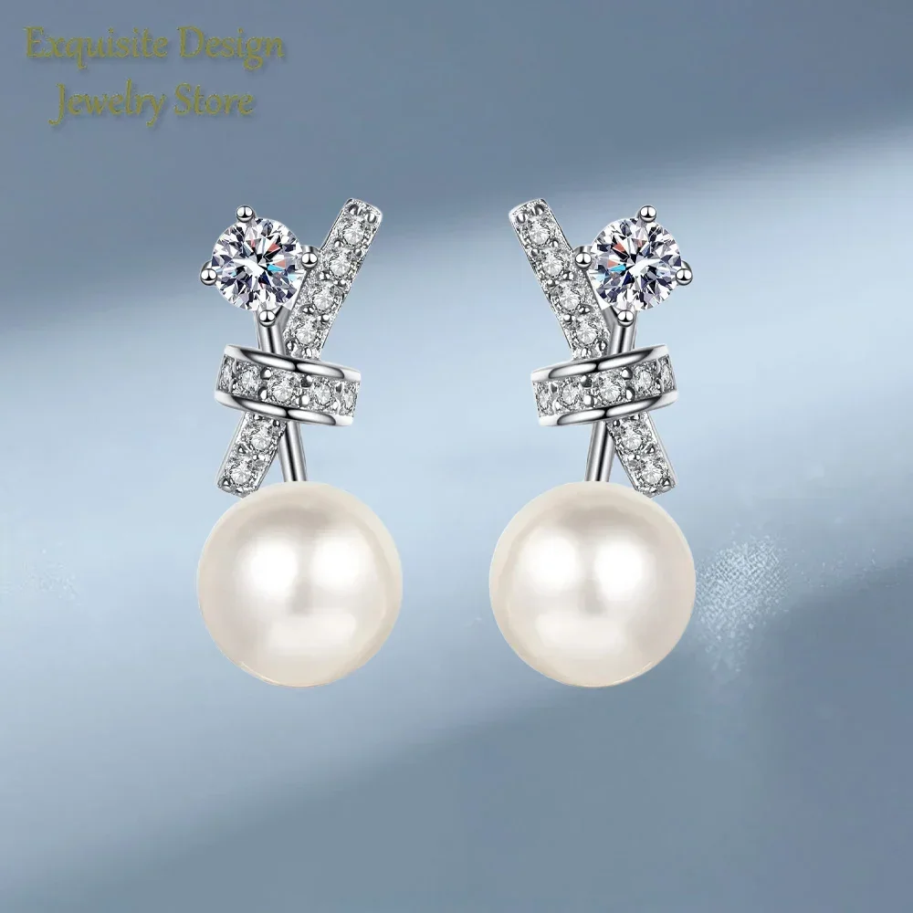 

Cross Style Platinum Earrings with Freshwater Pearl for Women, 72 Points Moissanite Diamond PT950 Stud Earrings Jewelry Gifts