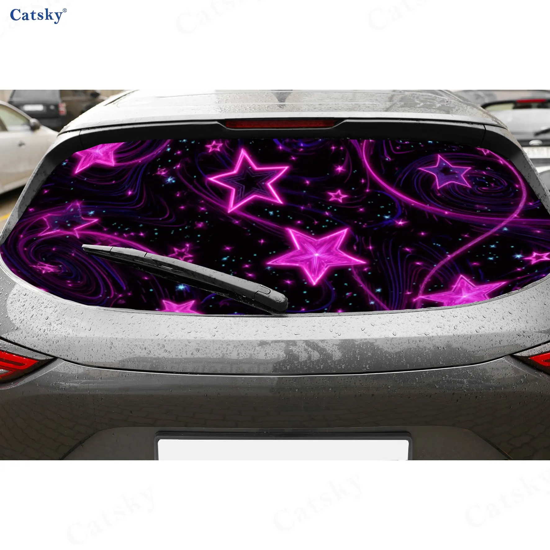 Iridescent Neon Star PVC Perforated Car Vinyl Wraps, Durable Car Rear Windshield Sticker, Waterproof Car Rear Window Decal