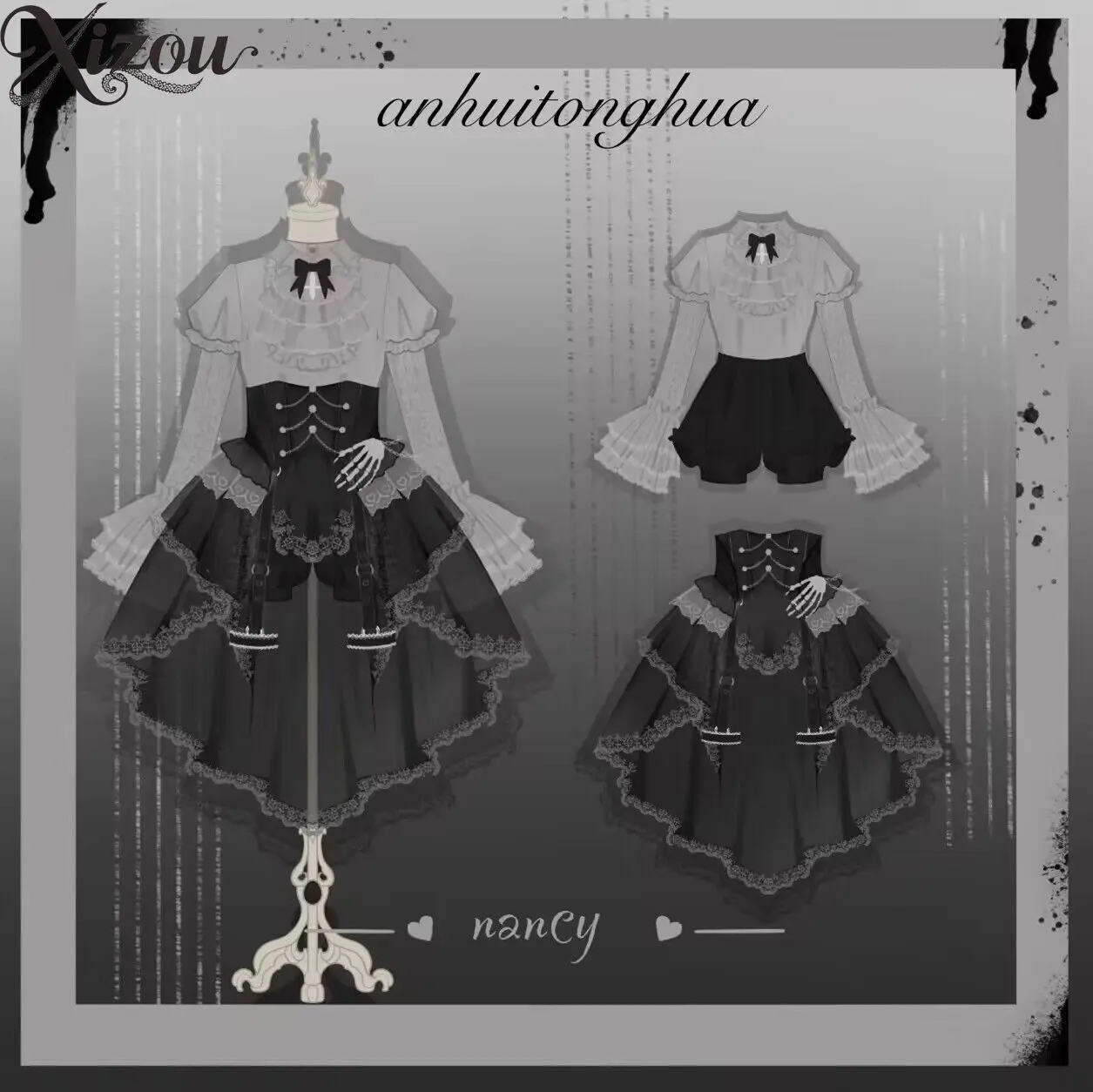 Women Dark Fairy Skirt Gothic Lolita Puff Sleeve Shirt Corset Apron Skirt Shorts Three Piece Set Court Style Top Outfit Pant