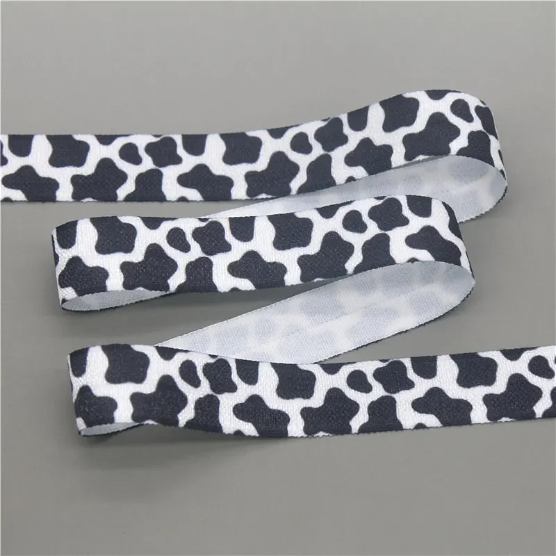 DHK 5/8\'\'5yards Zebra Leopard Cow Gradient Printed Fold Elastic FOE Stretch Ribbon Hairbow Headwear Headband DIY OEM C1890