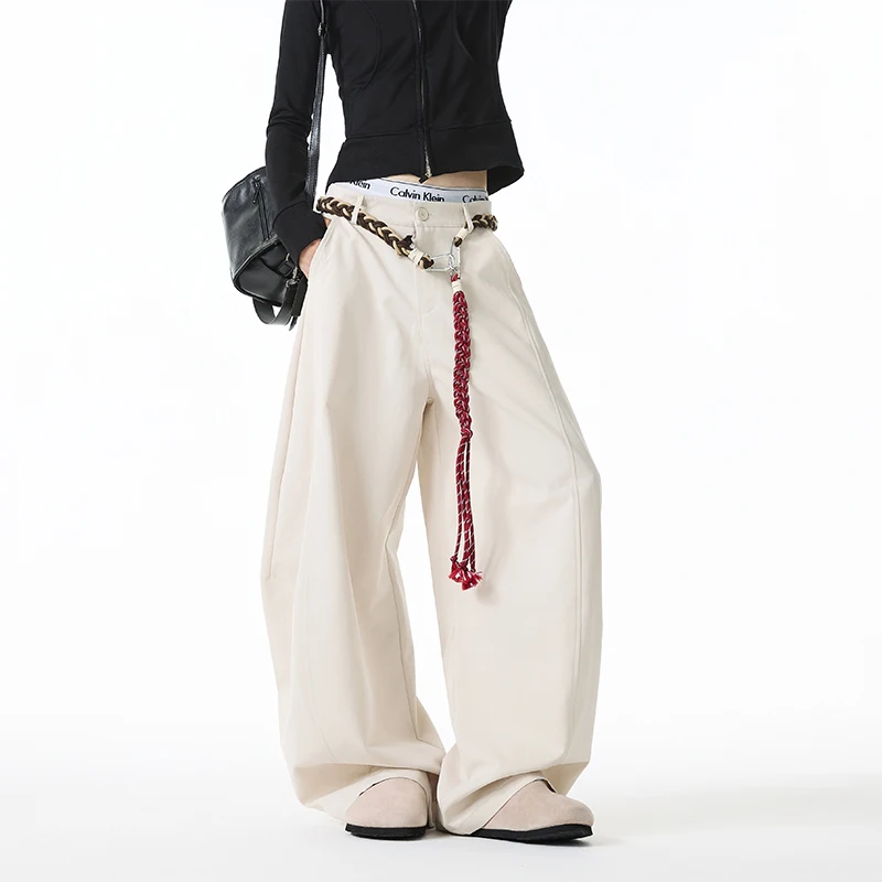 

American Retro Knife Work Pants Men Summer Thin Loose Wide Leg Belted Cleanfit Straight Leg Long Trousers Casual Pants