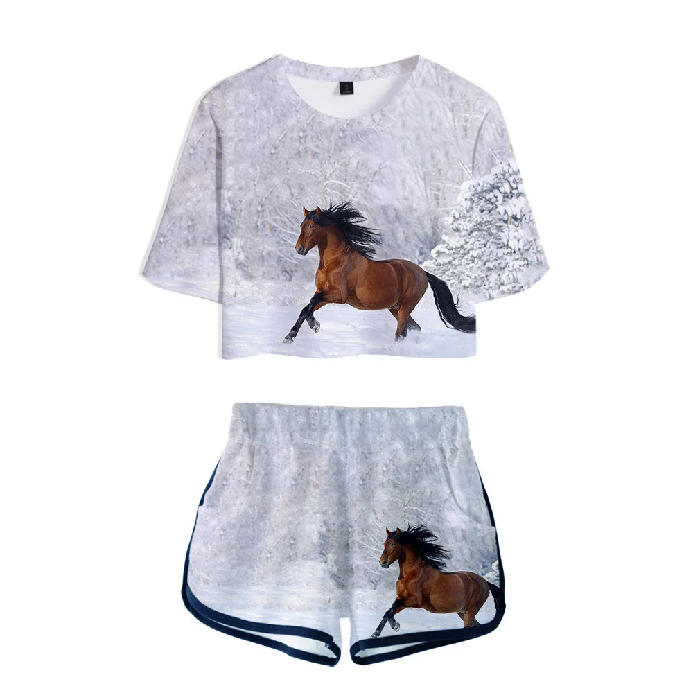 

Women's Two Piece Set Dinosaur Horse Print T-Shirt and Women Shorts Suit Fashion Short Sleeve Tracksuit