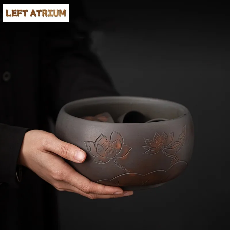 Purple Pottery Tea Basin Handmade Carved Jumping Knife Small Cup Wash Washed Tea Residue Barrel Tea Utensils