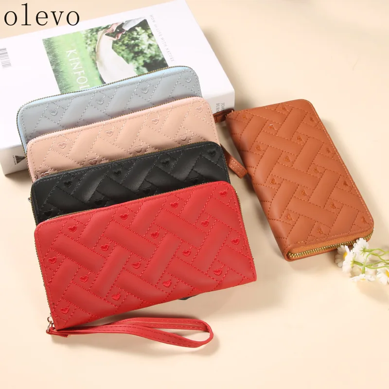 New Single Zipper Handheld Coin Purse Card Holder Heart Embroidered Ladies Wallet Fashion Pure Color Long Clutch Bag for Women