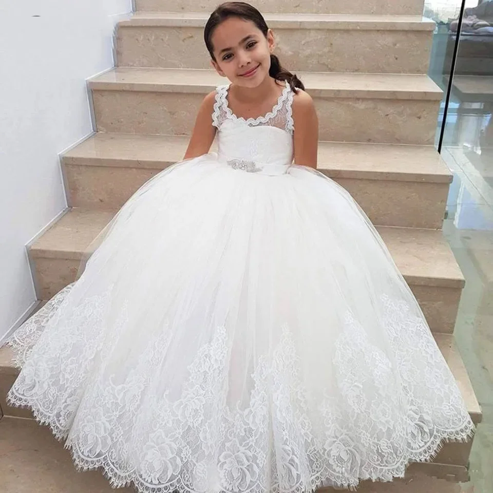 

White Tulle Flower Girl Dresses Elegant Lace Puffy Sleeveless For Wedding Kids Birthday Party First Communion Dress Ball Gowns