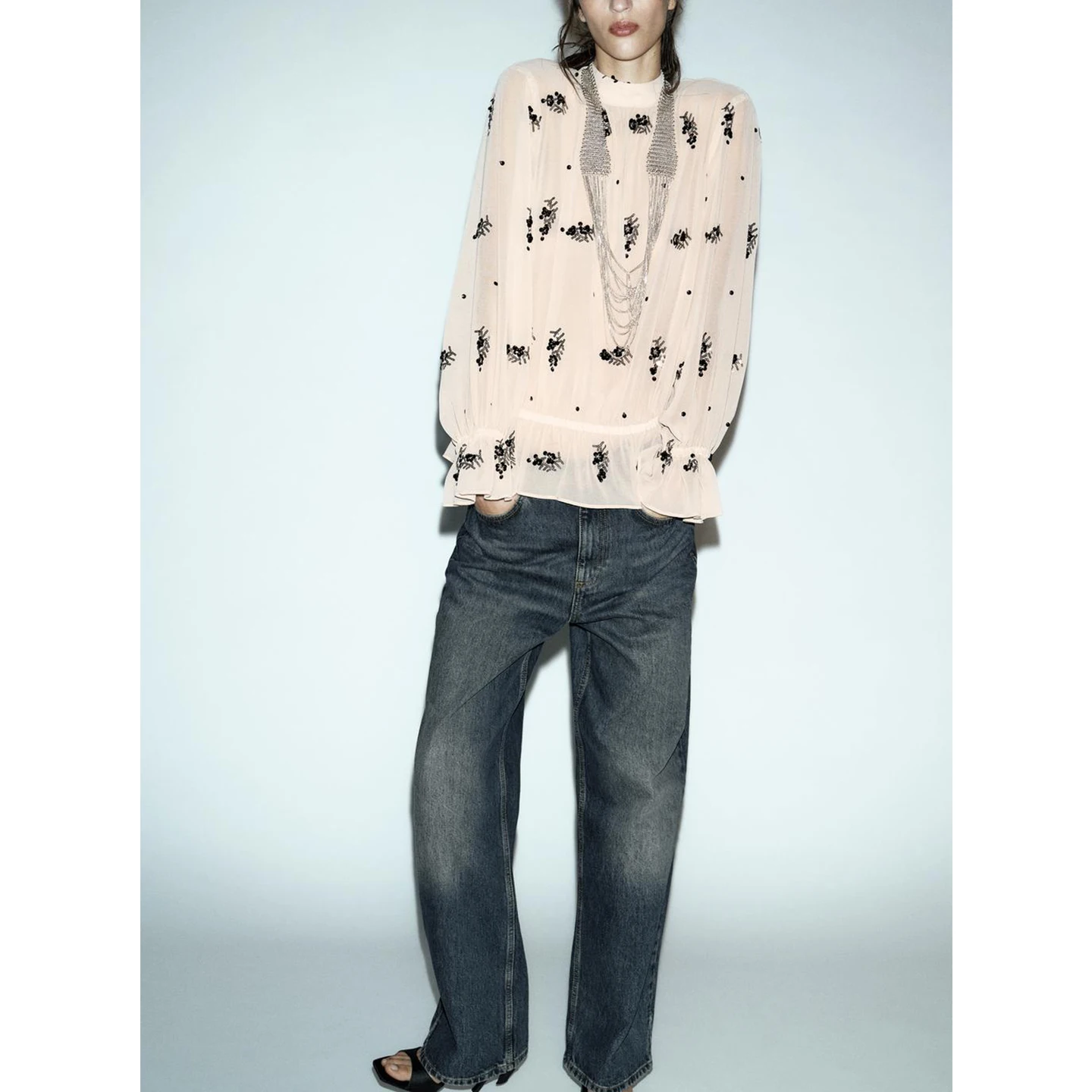 خريف شتاء جديد وصول المرأة حصيرة Sle الوقوف طوق طويل Sve مطاطا هيم حبة شبه شفافة irt عادية Lo... #2