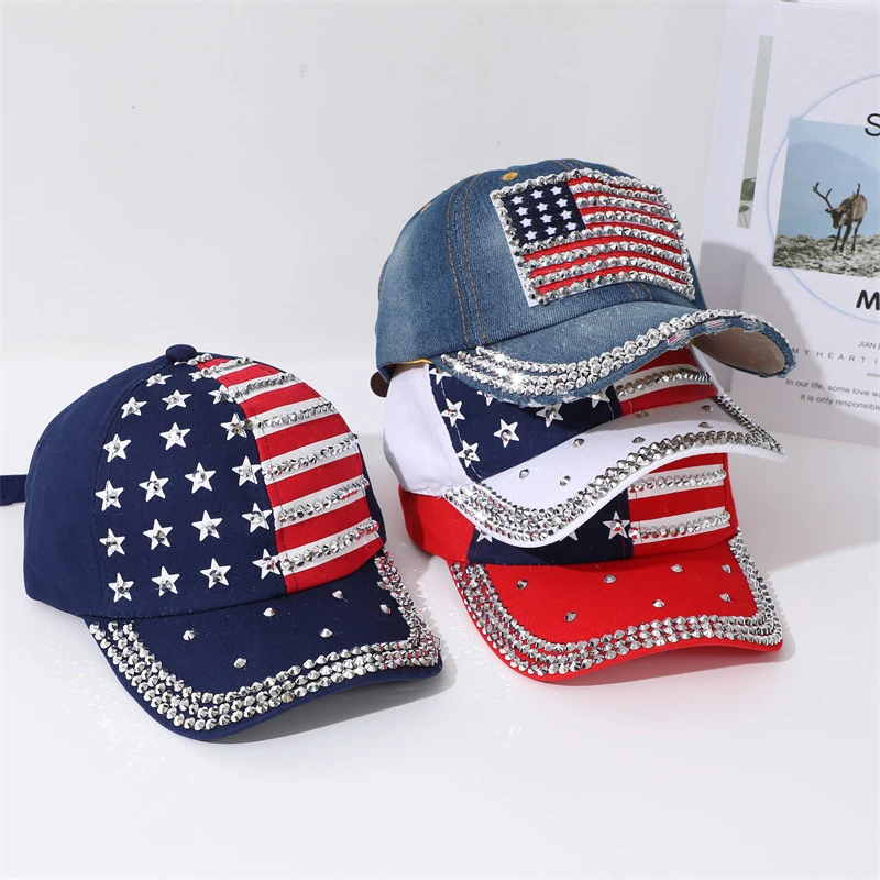 Adjustable Size 4th July Dad Hat USA American Flag Patriotic Baseball Cap Denim Distressed Rhinestone Bling Sparkle Hip Hop Hat