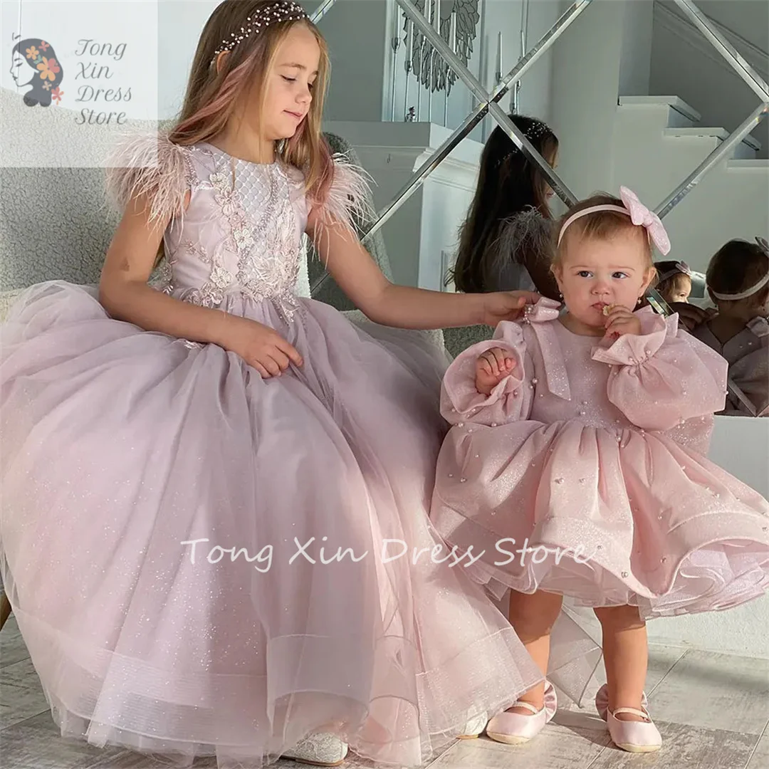 Flower Girl Dress For Wedding Pearls Full Sleeves Bow Puffy Baby Kids Birthday First Communion Party Gown 2024 New