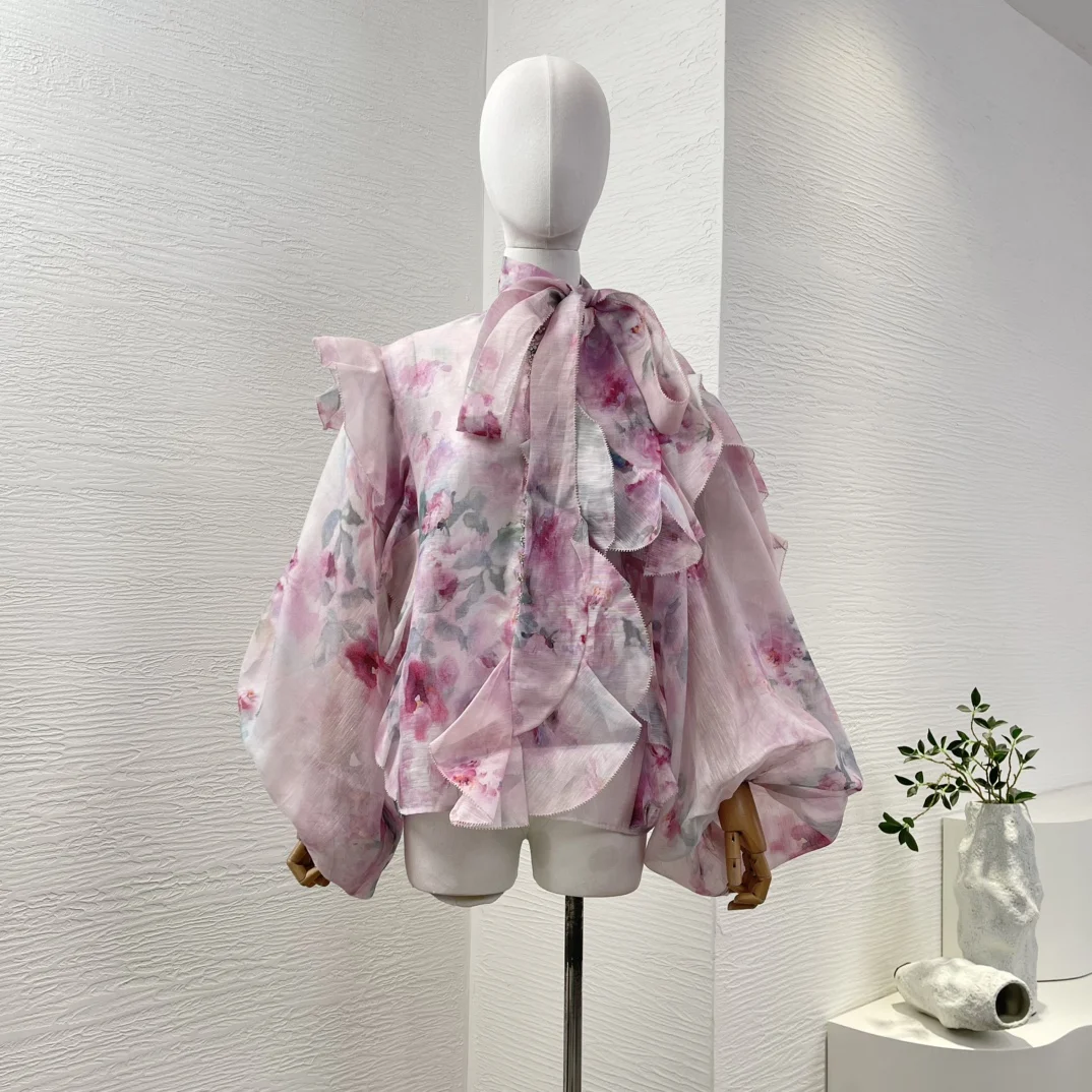 

Pink Romantic Women New Oufit Series High Quality Floral Print Ruffles Bow Diamonds Lantern Sleeve Blouse and Mini Skirt Set