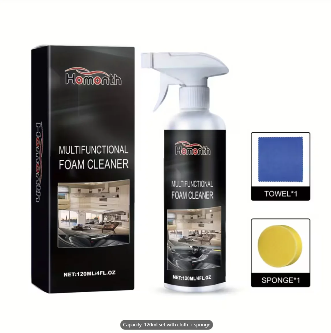 Homonth Multifunctional Foam Cleaner Kit, 120ml - All-In-One Car & Household Cleaning Spray with Towel & Sponge, No Rinse Stain