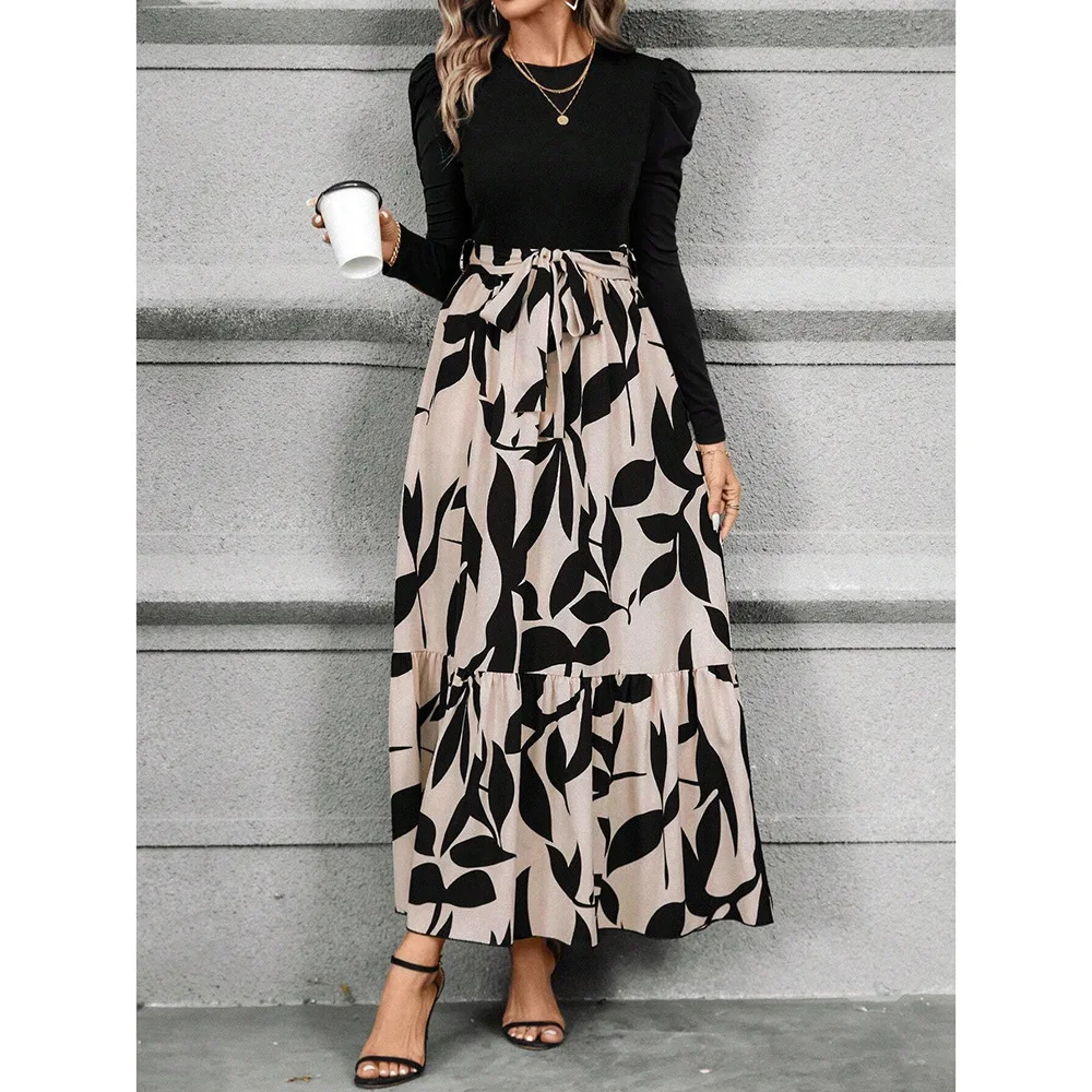 Feminino floral impressão o-pescoço manga longa cintura alta rendas maxi vestido longo outono moda bloco de cores vestidos de festa de férias vestid