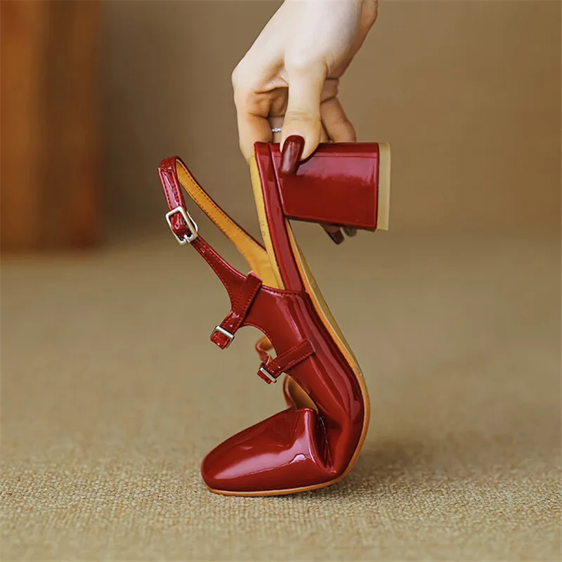 Summer Sandals Mary Jane Shoes Square Toe High Heels Cover Toe Back Strap Roman Sandals for Women Split Leather Women Sandals